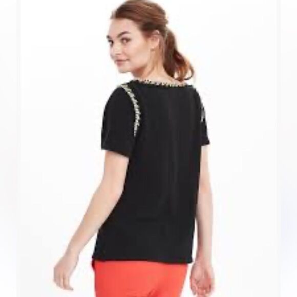NWT Banana Republic Top Black White Gold Rope Trim Short Sleeve Small - Picture 4 of 9
